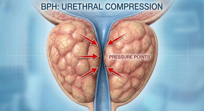 Prostate adenoma prostatitis macro cross section shows enlarged lateral lobes compressing prostatic urethra into narrow slit, nodular hyperplastic tissue, urinary obstruction education