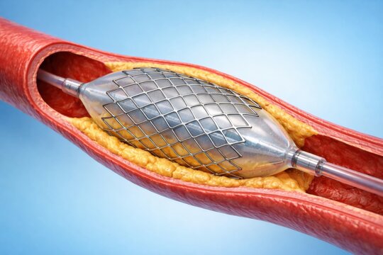 Atherosclerosis angioplasty stent visualization, clinical 3D render of artery blockage showing balloon expansion and metal mesh embedding into plaque to restore lumen