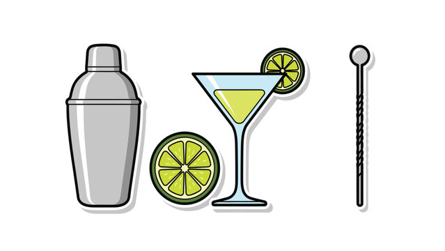 Cocktail bar tools and drink icon set with shaker, martini glass, lime, and bar spoon in flat vector style