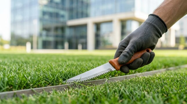 Groundskeeper edging lawn with serrated knife along concrete sidewalk. Man in work gloves trimming grass near modern glass office