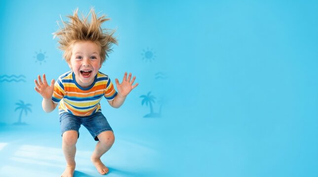 Funny kid with hair standing on end on a blue background with copy space, surprised summer vacation concept with playful energy and bright child-friendly appeal, polished photoreal finish, no logos