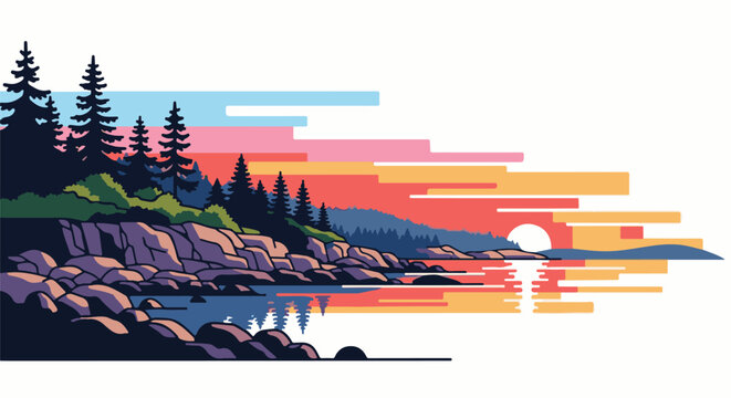 Stylized pixel art scene of a rocky coastline with trees and a vibrant sunset