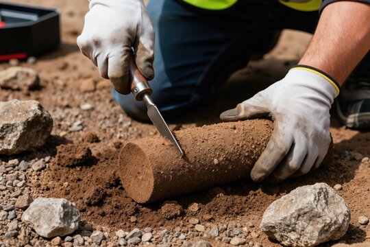 Worker cuts soil sample cylinder with tool. Person cleans dirt from core material. Geotechnical testing preparation for lab analysis. Scientific research in progress.
