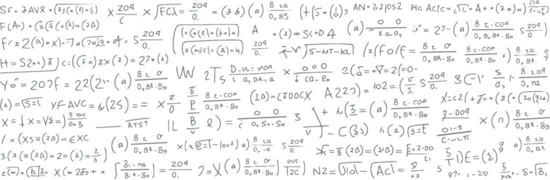 Handwritten mathematical equations and formulas scattered across a white background with a grey scribbled effect