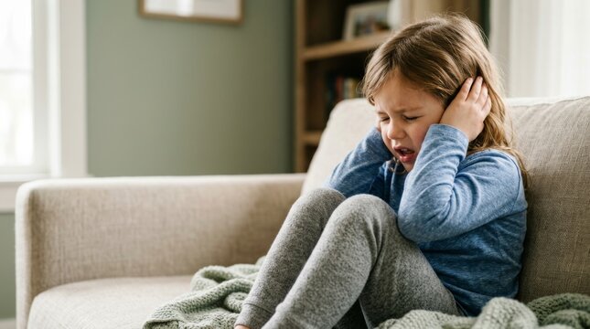 Young girl covering her ears while crying on living room couch. Child with autism experiencing sensory overload and emotional
