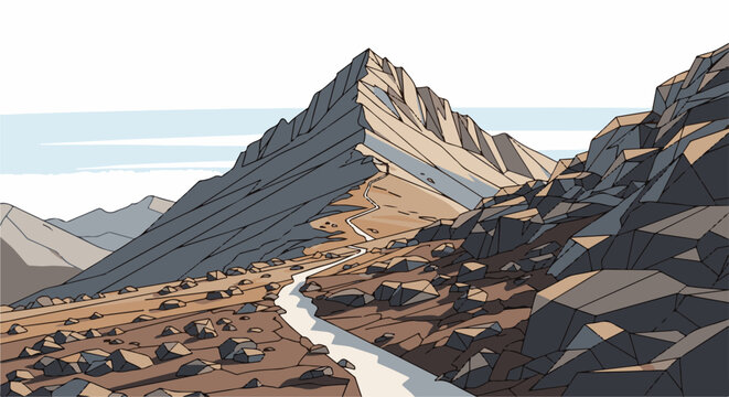 Stylized mountain range with a winding path leading towards a sharp peak under a cloudy sky