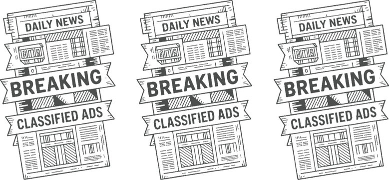 Three hand drawn newspaper sections with breaking classified ads headlines daily