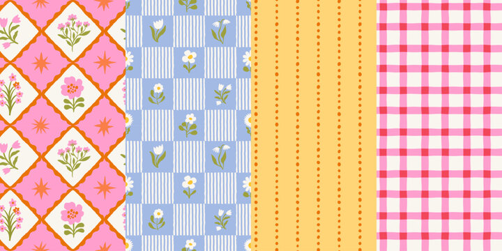 Vector set of hand drawn seamless pattern in simple doodle sketchy floral wavy and groovy naive style, dopamine and cottage core aesthetic, delicate gentle girlie backgrounds