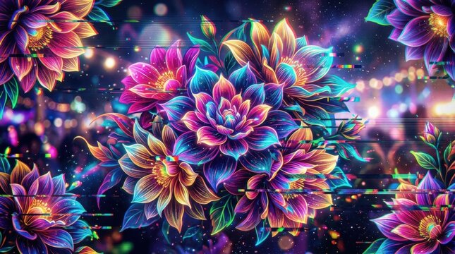 Psychedelic floral texture with scanline corruption, luminous petals, chromatic texture and dreamy festival mood for beauty campaigns, event posters, seasonal branding and social media design, layered