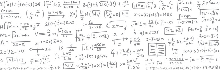 Fototapeta premium Handwritten mathematical equations and symbols scattered across a white background mathematics formulas