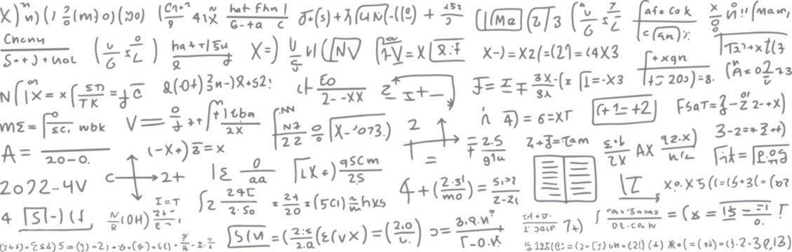 Handwritten mathematical equations and symbols scattered across a white background mathematics formulas