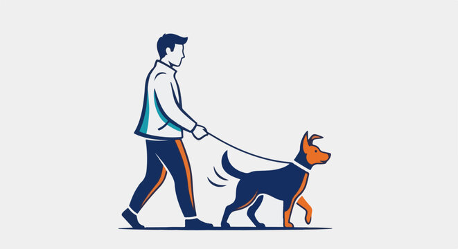 Stylized man walking a dog on a leash with blue, orange, and white accents
