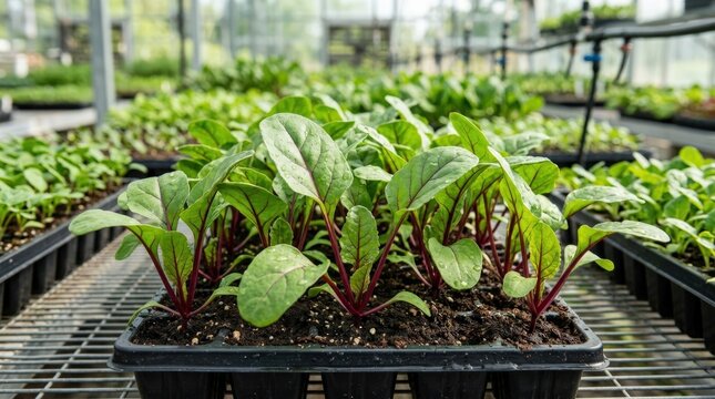Close-up of beet seedlings growing in a lush greenhouse, fresh agricultural detail with vibrant leaves and strong commercial appeal for farming and sustainability themes, natural light, realistic