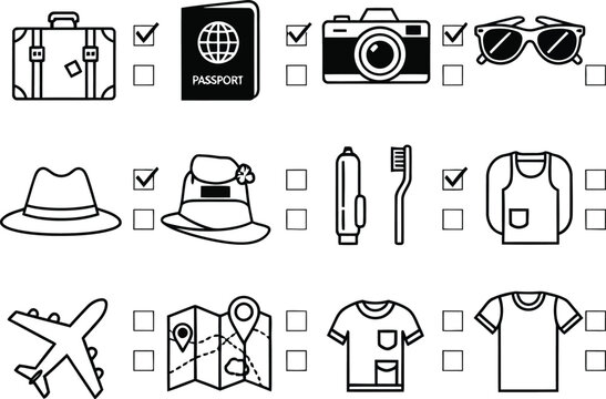 Travel Checklist Icons: Suitcase, Passport, Camera, Clothes, Map, Airplane