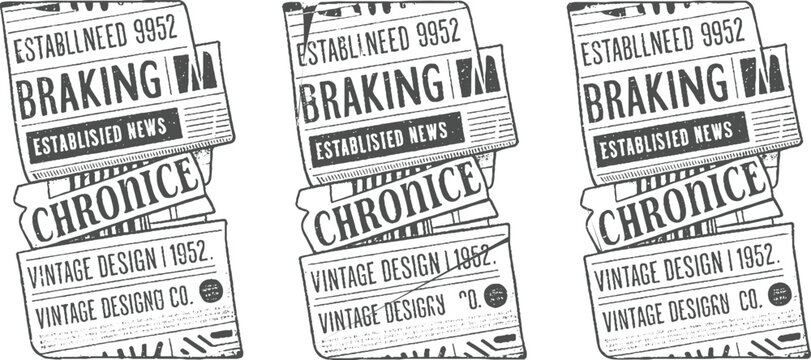 Three overlapping vintage newspaper clippings with bold text and distressed textures