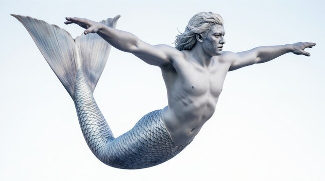 Muscular man with silver body paint and fishtail poses like a statue in mid-air. This merman art merges human anatomy with marine fantasy, evoking powerful aquatic myths and elegant underwater beings.
