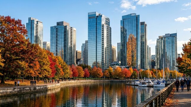 Autumn reflections on Vancouver skyscrapers, urban architecture scene with glass facades mirroring vivid seasonal trees, modern city atmosphere and warm fall color contrast in a clean downtown