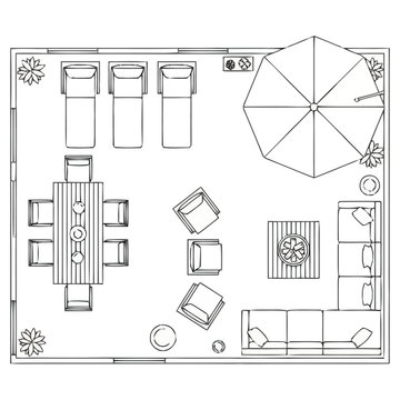 Aerial view of a furnished outdoor living area plan featuring a dining set lounge seating and umbrella ideal for architectural design landscaping ideas and interior space arrangement concepts
