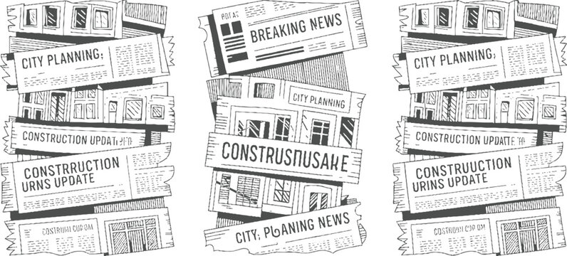 Stack of newspapers with headlines about city planning construction updates and breaking news in a hand drawn style