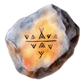 Watercolour cartoon of isolated rune stone fragment for mystical designs on white background