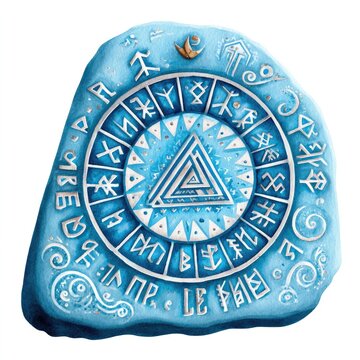 Mysterious watercolor rune stone fragment with ancient symbols on white background for fantasy design and decoration