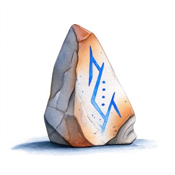 Watercolour cartoon rune stone fragment for fantasy design and decoration on a white background