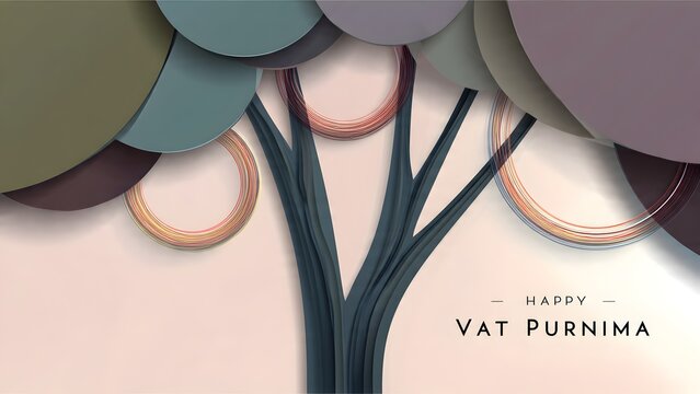 Happy Vat Purnima Greeting Banner with Abstract Banyan Tree for Indian Festival Celebration