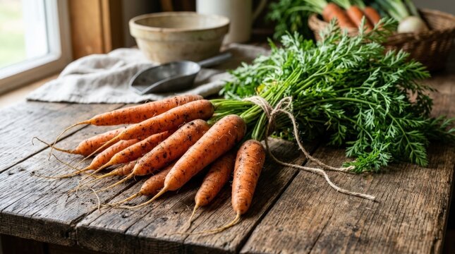 Fresh organic carrots with roots and tops on rustic wood, healthy vegetable harvest concept for farm-to-table branding, kitchen editorials and seasonal produce campaigns, natural earthy detail with