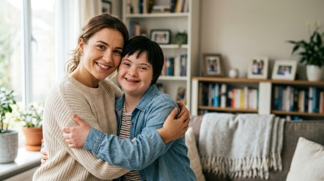 Woman embracing smiling girl with Down syndrome in cozy living room. Loving mother daughter hug showing family bond and support