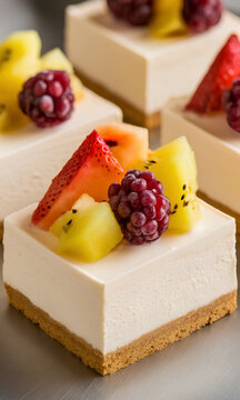 Porciones individuales de cheesecake cremoso sobre base de galleta decoradas con fresas frescas, moras y kiwi