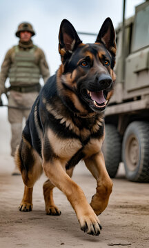 Perro Pastor Alem&aacute;n militar caminando junto a un soldado y un veh&iacute;culo blindado en una base de operaciones