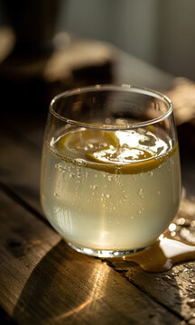 Vaso de limonada fresca con burbujas y rodajas de lim&oacute;n sobre mesa de madera r&uacute;stica con luz solar c&aacute;lida