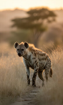 Hiena manchada caminando por la sabana africana durante el atardecer con luz dorada de fondo