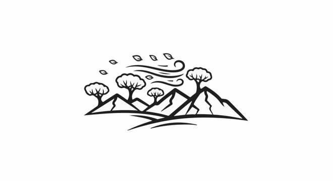 Stylized depiction of a windy landscape with rolling hills and trees
