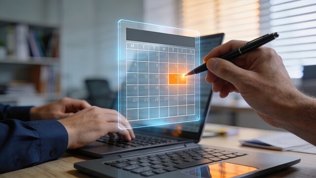 Business professionals planning schedule on futuristic holographic calendar hand selecting date with pen office collaboration time management concept digital interface corporate