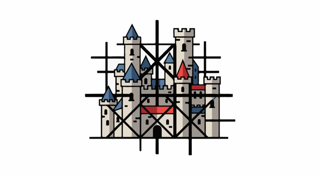 Stylized castle under construction with scaffolding and colorful conical roofs
