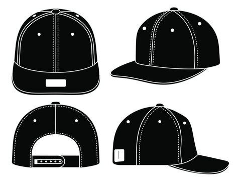 Black baseball cap vector template featuring front side and back views of a snapback hat mockup for sports apparel design.