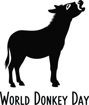 Black silhouette of a braying donkey for World Donkey Day celebration with simple artistic style and clean design