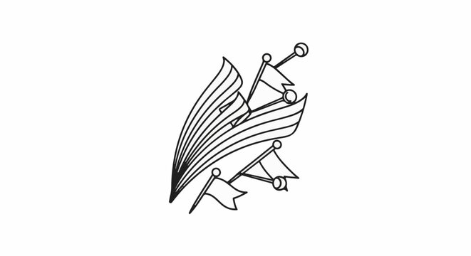 Stylized depiction of sailing ship's rigging with fluttering flags