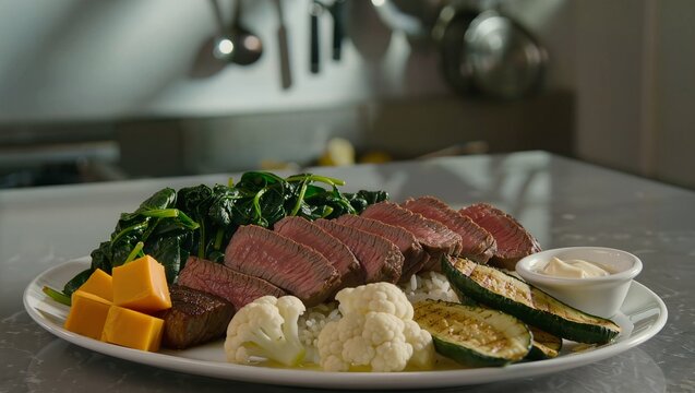 Plate with sliced grilled steak spinach cheese cauliflower zucchini and sauce