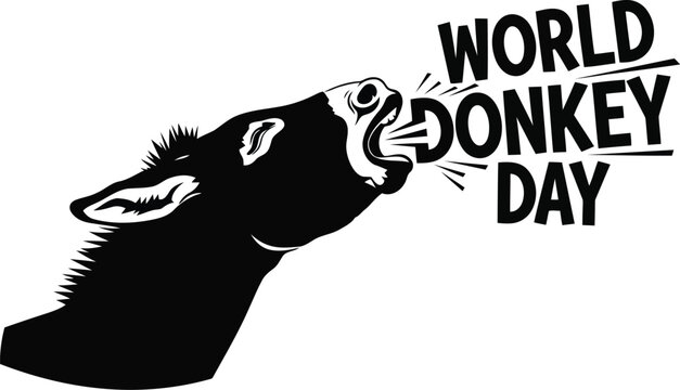 Black and white illustration of a donkey braying with the text World Donkey Day for an animal awareness celebration