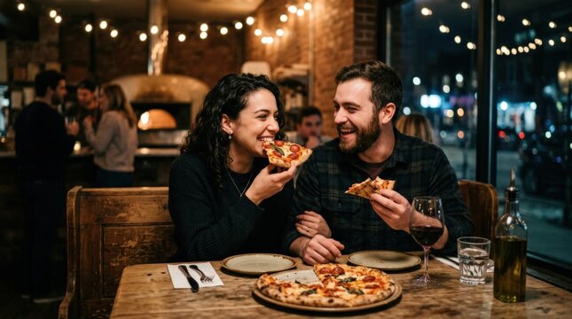 Couple enjoying pizza at night after a party, casual romance, nightlife comfort and modern lifestyle concept for food branding, hospitality campaigns and editorial storytelling, candid sharing and