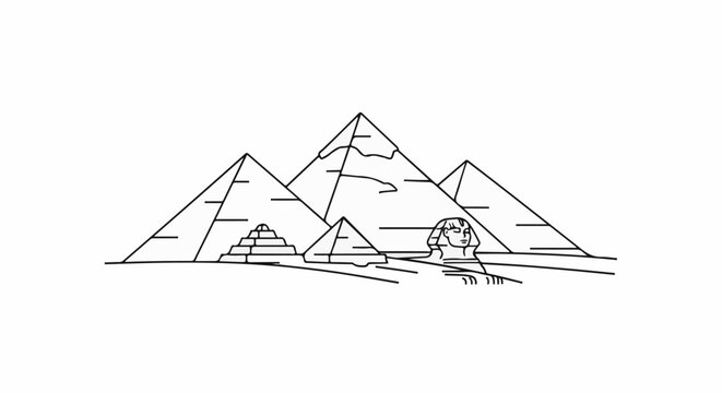 Stylized line art of ancient Egyptian pyramids and Sphinx