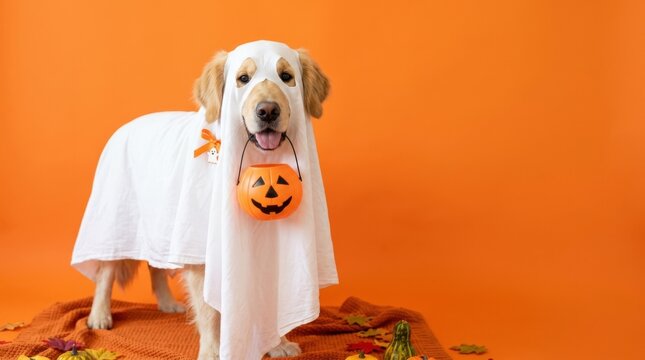 A golden retriever dog dressed as a ghost holding a pumpkin on a bright orange background, looking funny and cute, festive seasonal concept, holiday styling, copy space, commercial design, natural