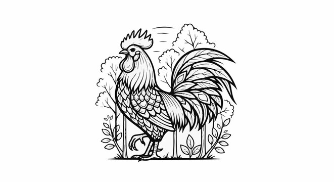 Stylized line art of a proud rooster standing among trees and foliage