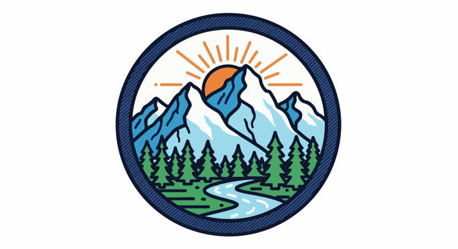 Stylized mountain scene with sun, river, and trees within a circle