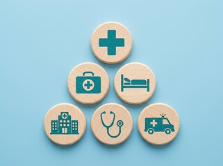 Obraz premium Wooden health icons arranged in a pyramid, teal symbols on wood discs, pastel blue background, healthcare Concept.
