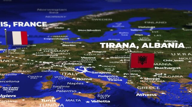 Flight From Paris FRANCE to Tirana ALBANIA with flag pins