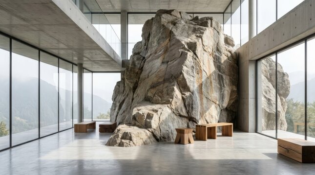 Large cliff rock placed in an abstract contemporary interior, bold architectural scene for luxury branding, design editorials and product display, stone texture, minimal space and photorealistic