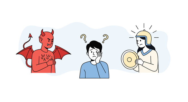 Confused man struggles to make a moral decision while being influenced by a small devil and a bright angel figure.